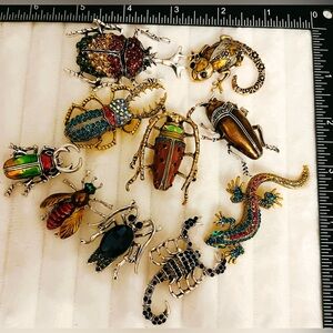 Lot 10 Vintage Style Insect & Reptile Brooches Lizard Scorpion Beetle Bee Pins